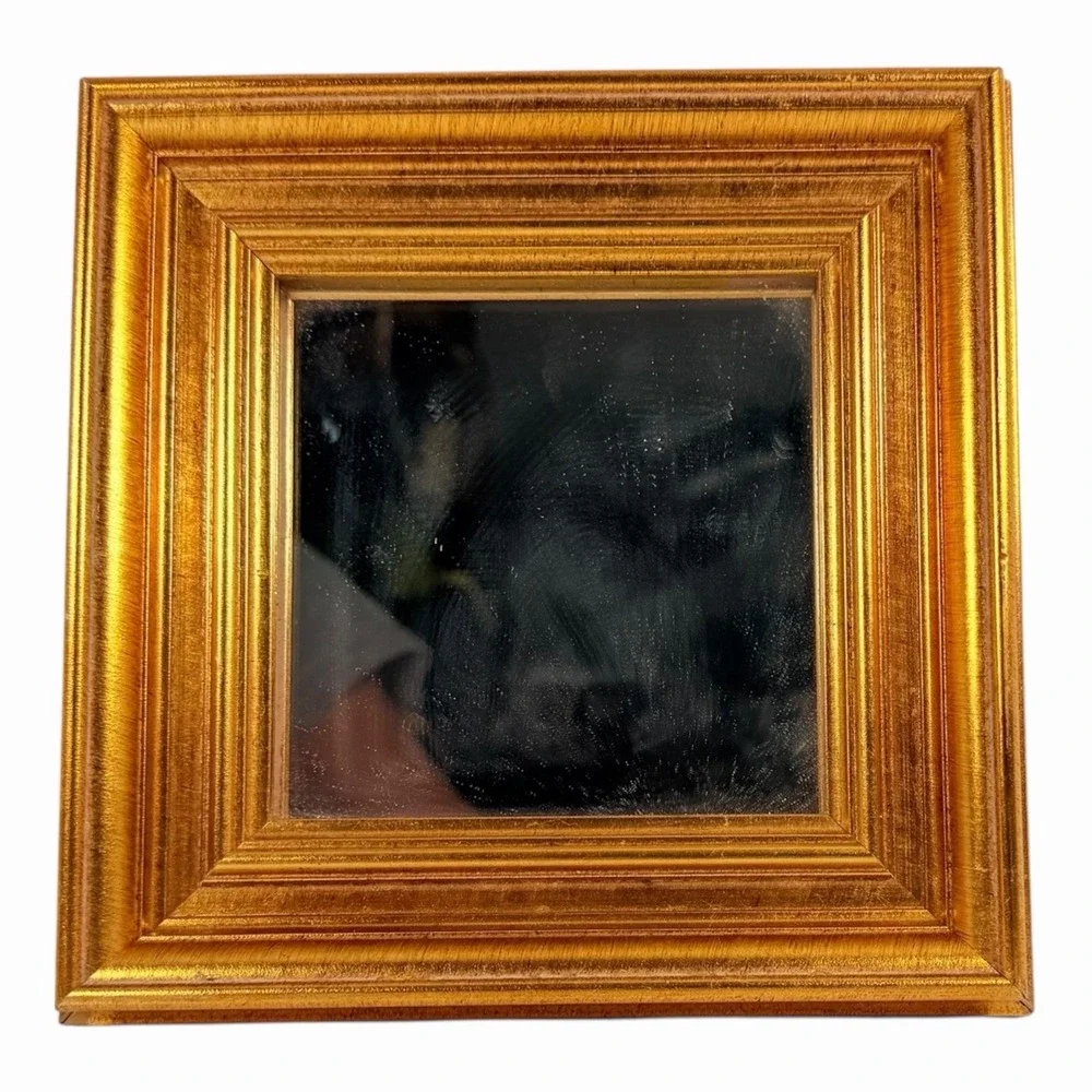 Gold Square Vintage Accent Mirror, Brass Wood Frame, Wall Mounted, Framed